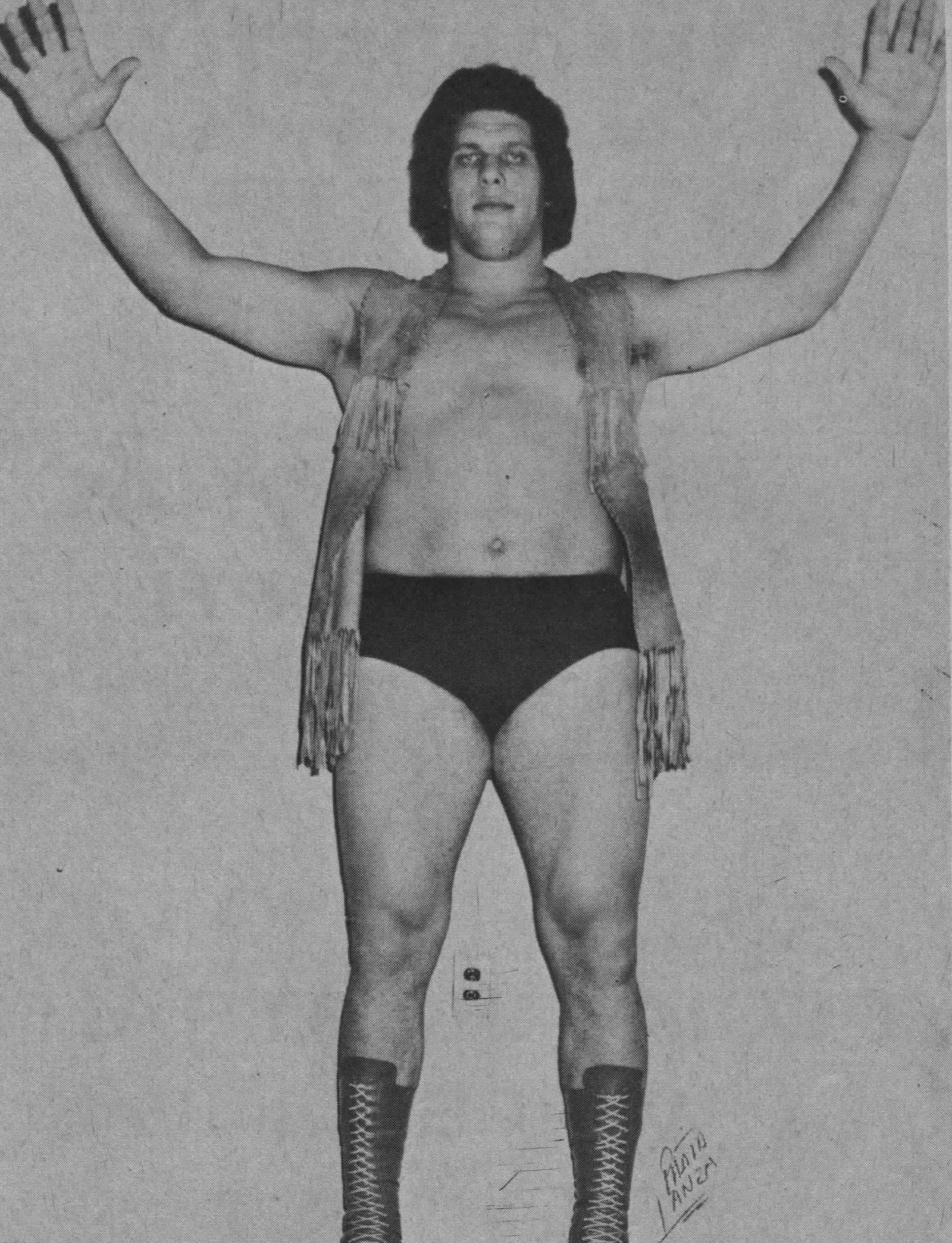 Andre the Giant posing in 1973 with his curly hair and enormous frame
