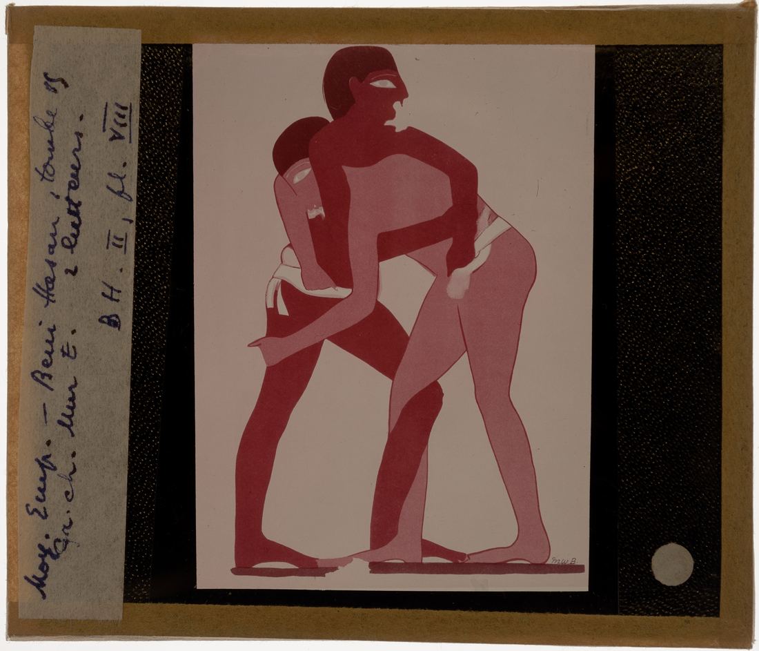 Facsimile of two ancient Egyptian wrestlers locked in a hold, from the tomb of Baqet III
