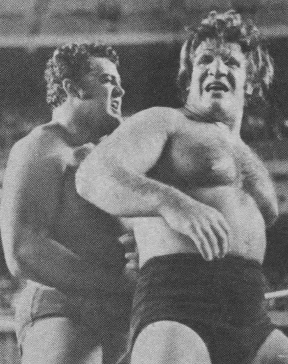 Wrestlers Pedro Morales and Bruno Sammartino standing together