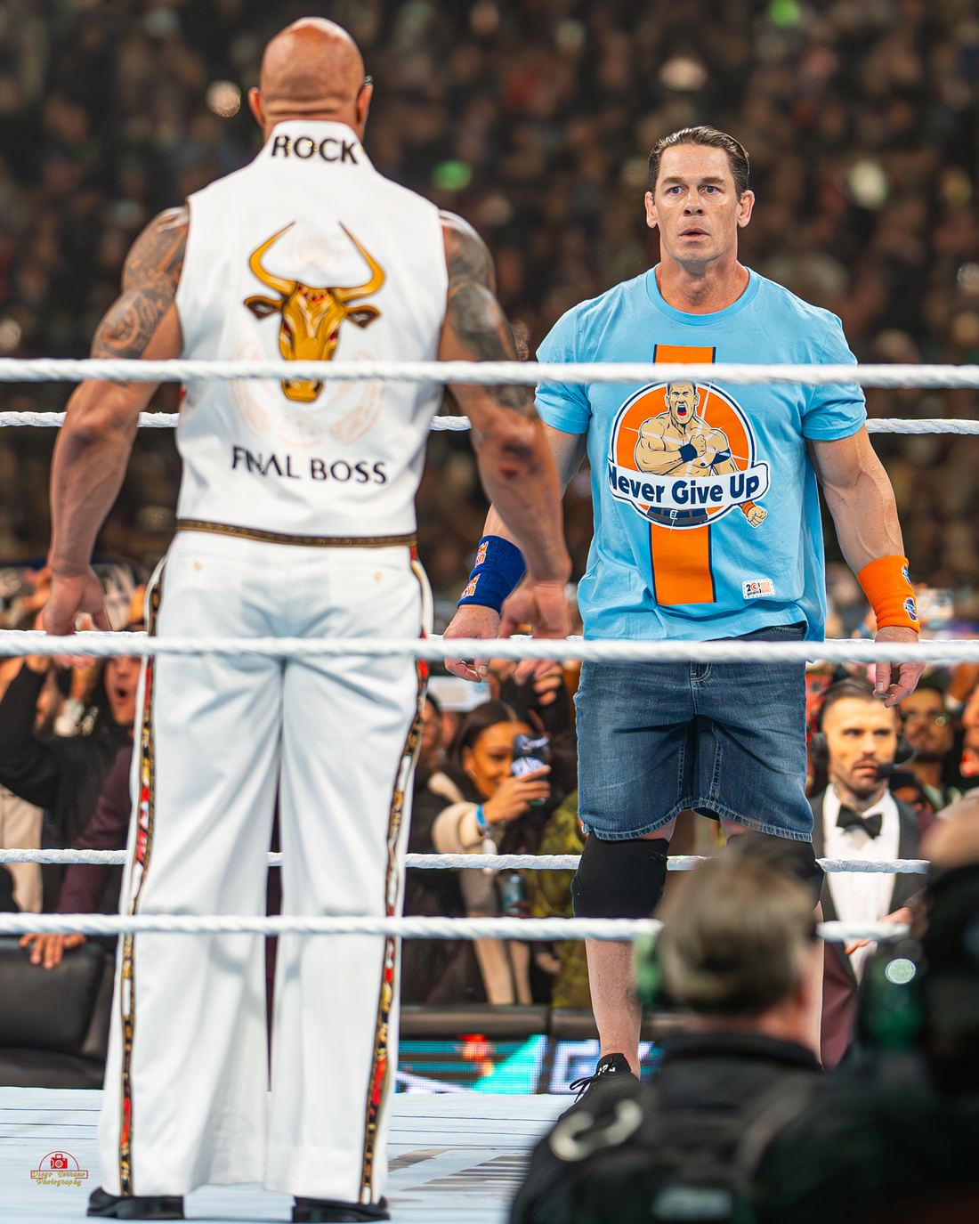 The Rock and John Cena in the ring at WrestleMania XL